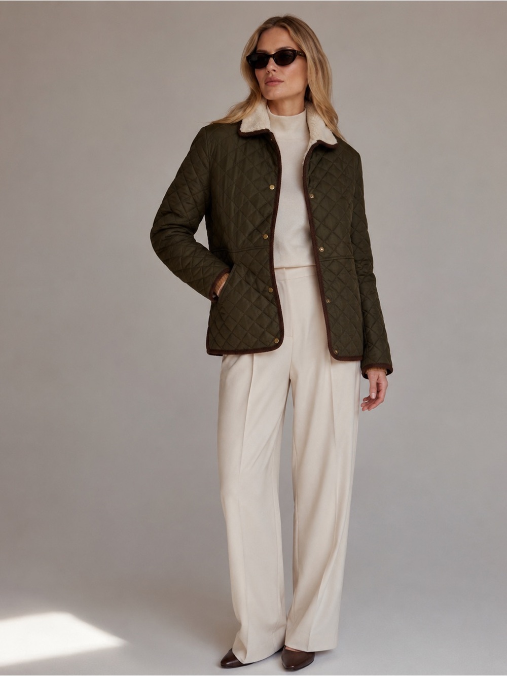 Ralph Lauren Litchfield Loden Quilted Coat Faux Sherpa Collar Olive Green Size M